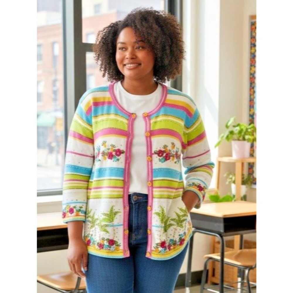 Just B womens NEW embroidered sequin beaded tropical scene sweater L cottagecore